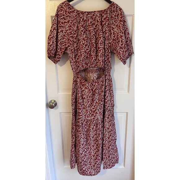 Apiece Apart Red Floral Midi Dress Organic Cotton Pockets Cut Out Back. SZ LG - Picture 7 of 10